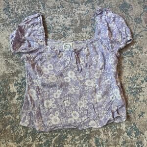 blue rain floral puff sleeve top – lilac/white – size xs